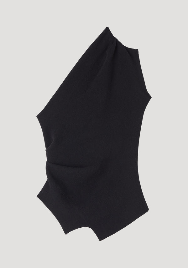 Off-shoulder top | black: A black, knit top with a one-shoulder design, fitted waist, asymmetrical V-shaped hem, crafted from a cashmere-wool blend.