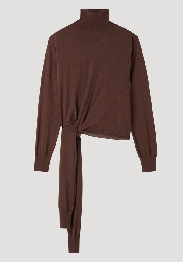 4-sleeved knitted jumper | brown featuring a mock turtleneck, asymmetrical waist tie detail, and gathered sleeve layer for a sculptural silhouette.