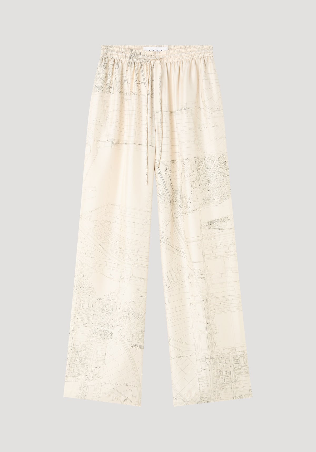 Wide leg silk trousers with elastic drawstring waistband, featuring a relaxed drape and Amsterdam map print. Made of 100% silk for natural fluidity.