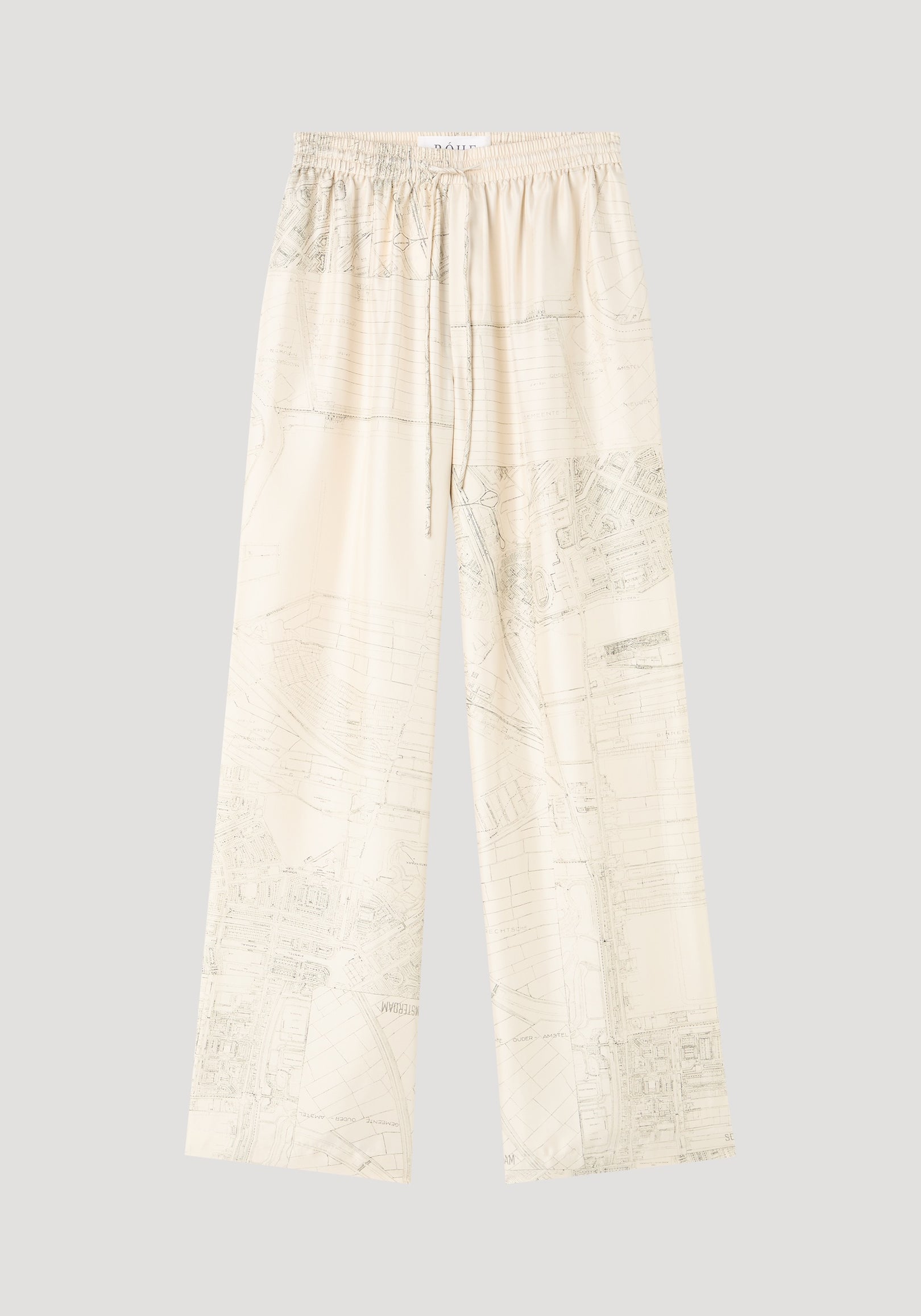 Wide leg silk trousers with elastic drawstring waistband, featuring a relaxed drape and Amsterdam map print. Made of 100% silk for natural fluidity.