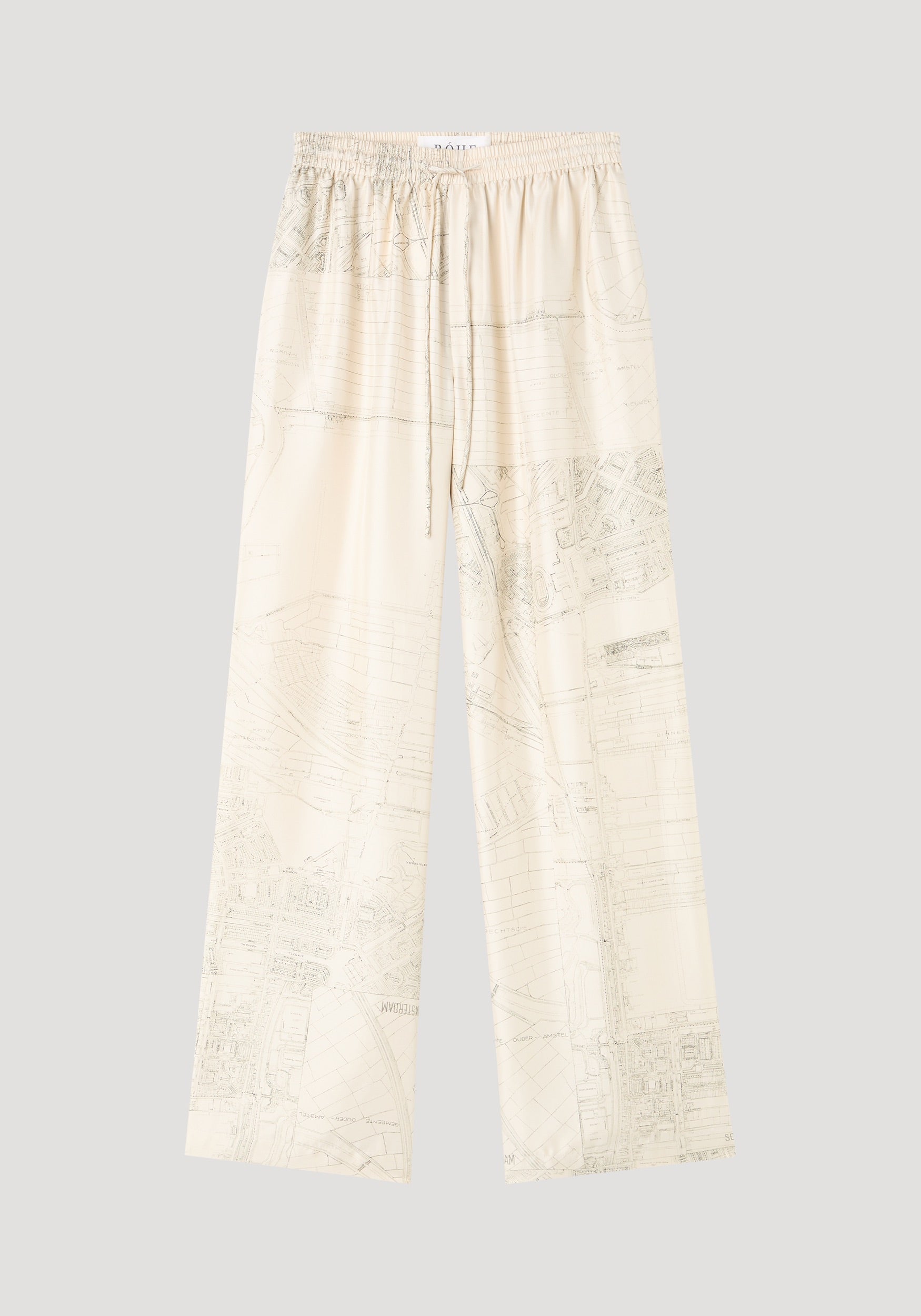 Wide leg silk trousers with elastic drawstring waistband, featuring a relaxed drape and Amsterdam map print. Made of 100% silk for natural fluidity.