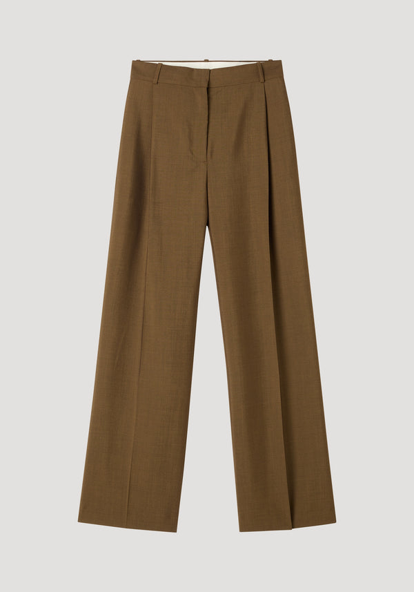 Relaxed straight leg trouser in golden brown, featuring a mid-rise, wide-leg cut, tailored waistband, sharp front pleats, and belt loops, crafted from wool-mohair blend.