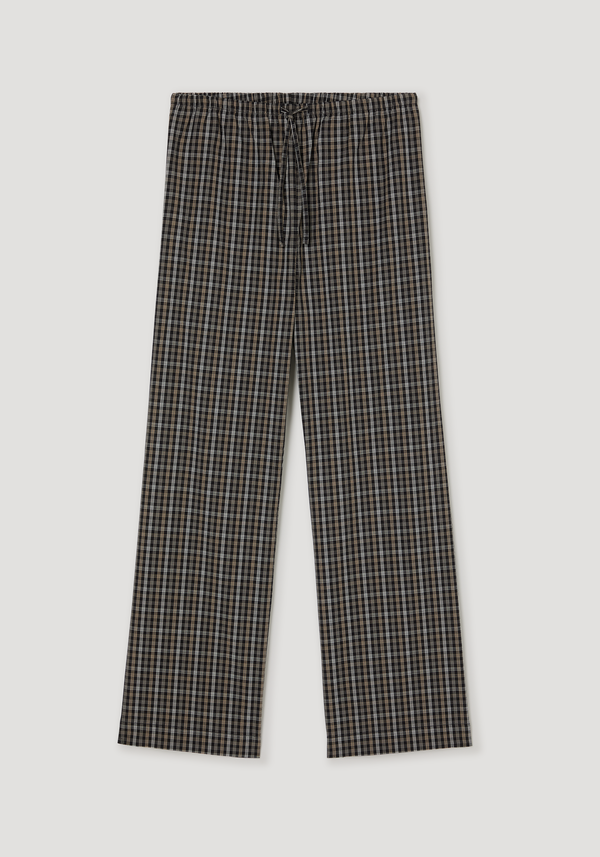 Relaxed fit trousers in a small check pattern with an elastic drawstring waistband, wide legs, and side pockets, crafted from 100% cotton for everyday comfort.