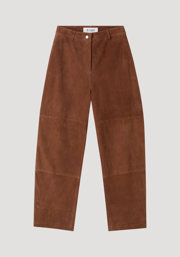 Suede barrel leg trouser | tobacco: High-waisted suede trousers with straight legs, button-zip closure, belt loops, knee panel seams, and back welt pockets. Label reads “RŌHE.”