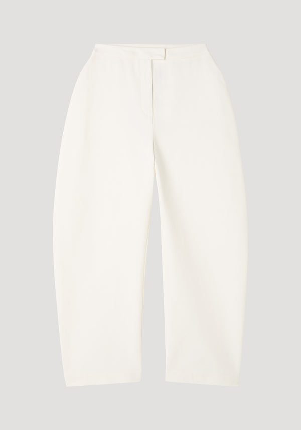 Sculptural trousers | paper white with a balloon leg and high waist, showcasing a modern silhouette in structured cotton with a satin finish.