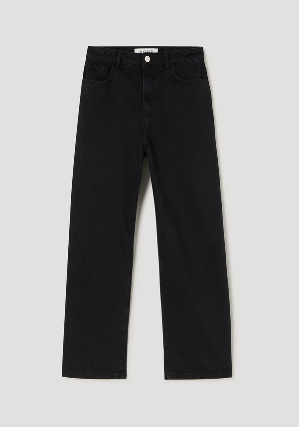 Baggy fit denim | black, featuring a high-waisted, straight-leg style with five-pocket design, belt loops, and button-zip fastening, crafted from 100% cotton for a relaxed look.