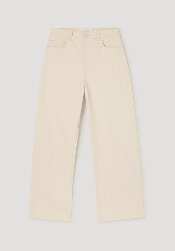 Baggy fit denim in ecru, featuring low-waist, wide-leg design with five-pocket styling, belt loops, and button-and-zip closure, crafted from 100% cotton for a relaxed look.