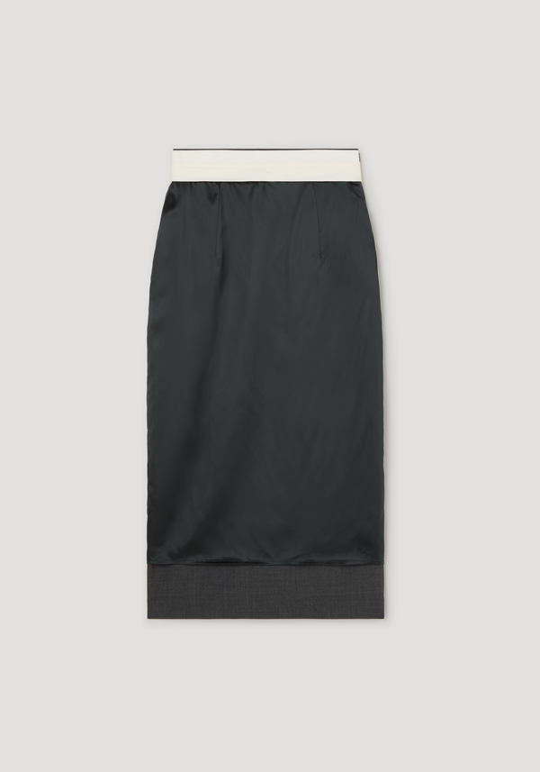 Inside-out skirt | dark grey melange: A color-blocked pencil skirt with an exposed lining, featuring a contrast waistband and blind zipper, in virgin wool blend.