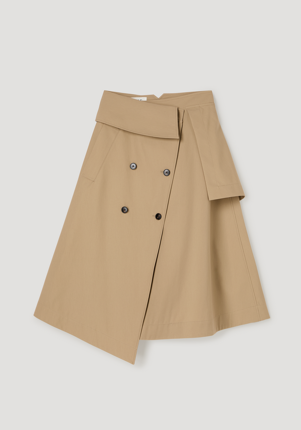 Deconstructed trench skirt in sand with asymmetric A-line, wide waist flap, double-breasted buttons, single side-seam pocket, crafted from Japanese cotton canvas.