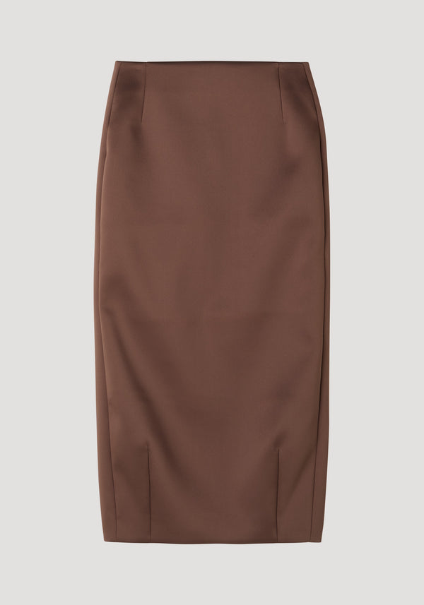 Balloon column skirt | espresso, featuring a knee-length pencil style with a high waist, dart detailing, and a back slit for ease.