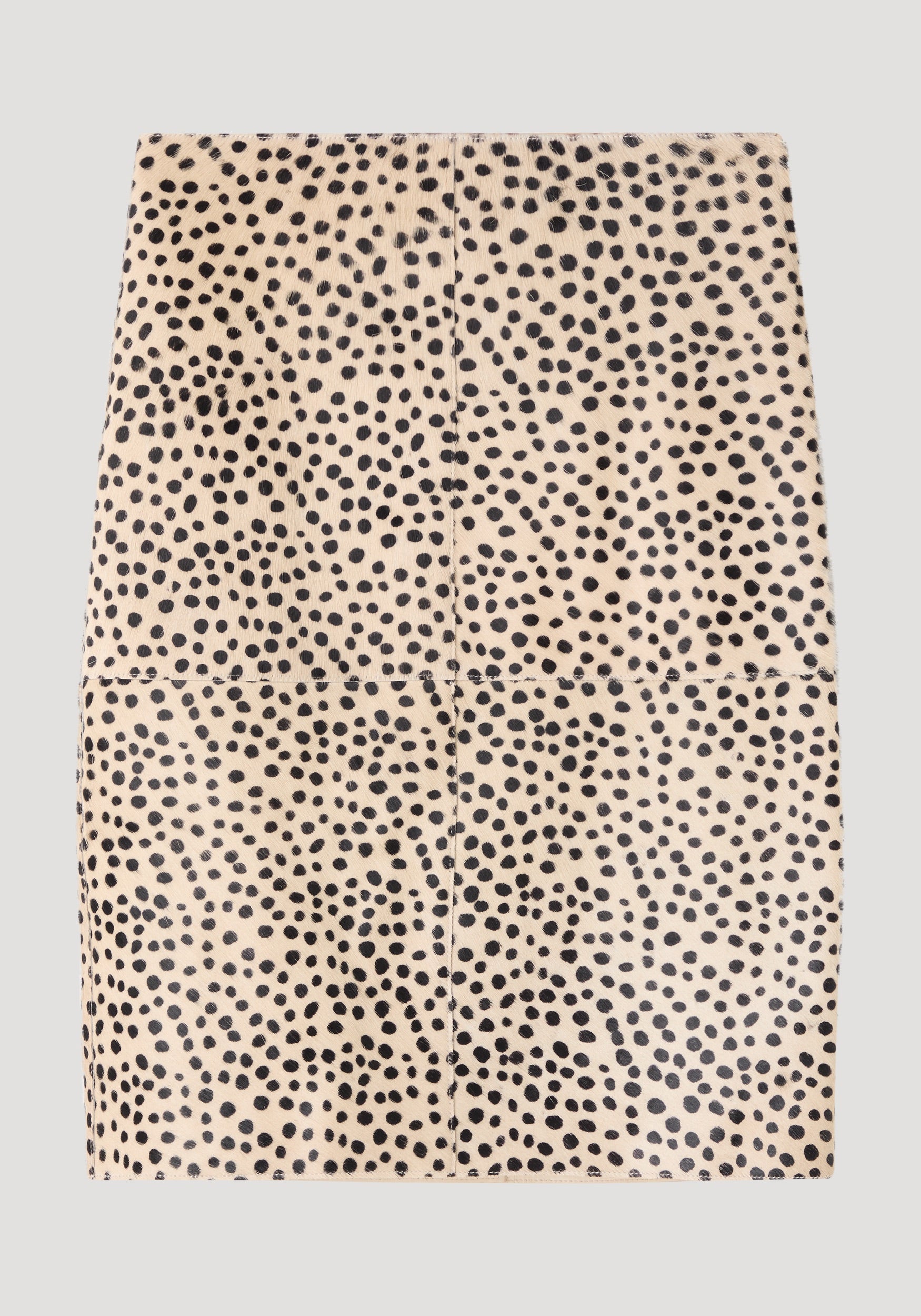 Pony hair pencil skirt | cheetah: Straight-cut mini skirt with irregular black leopard spots on beige, featuring four paneled front design, crafted from 100% cow leather.