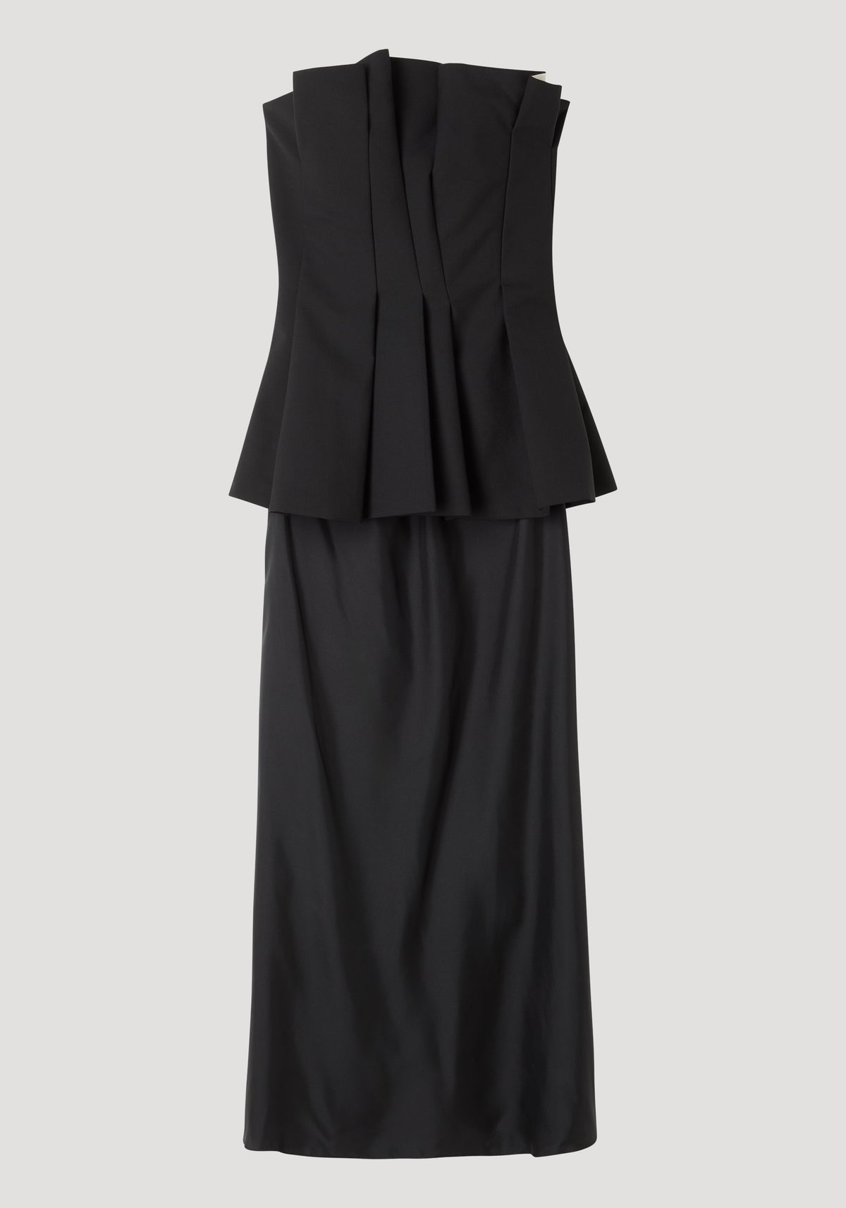 Sleek and elegant black sculptural tulip bustier dress | black featuring a fitted bodice with folded tulip-inspired details and a long, smooth skirt.