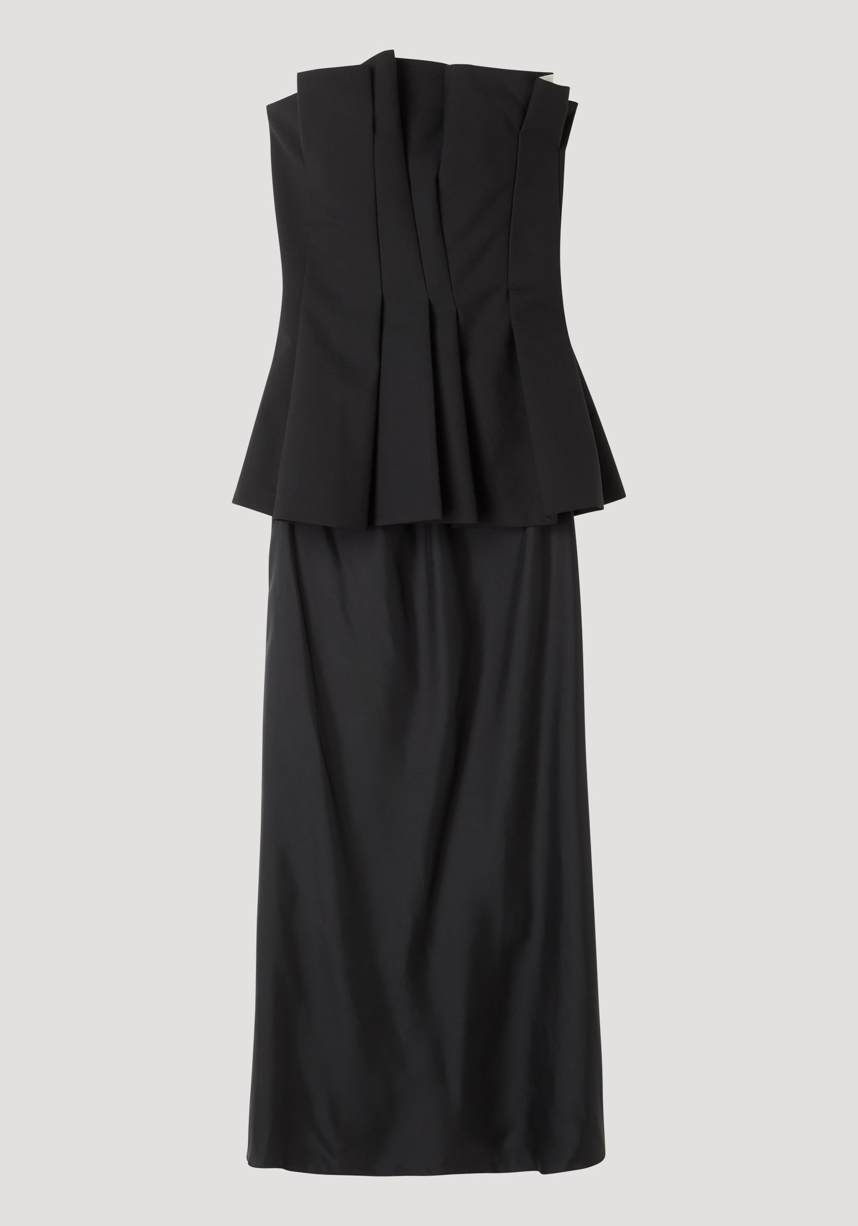 Sleek and elegant black sculptural tulip bustier dress | black featuring a fitted bodice with folded tulip-inspired details and a long, smooth skirt.