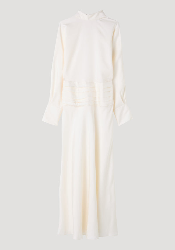 Tuxedo silk dress | cream: a full-length, high-collar dress with flowing sleeves, open back, cummerbund waist, and side zip, crafted from 100% silk.