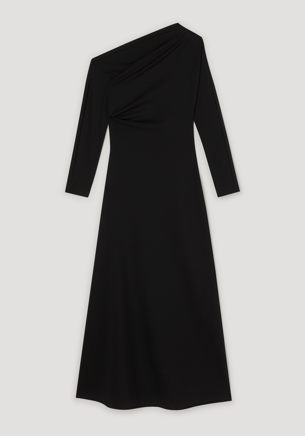 Twisted jersey dress | black: Elegant floor-length black gown with asymmetric one-shoulder neckline, long sleeve, and gentle waist gathering for a flattering fit.