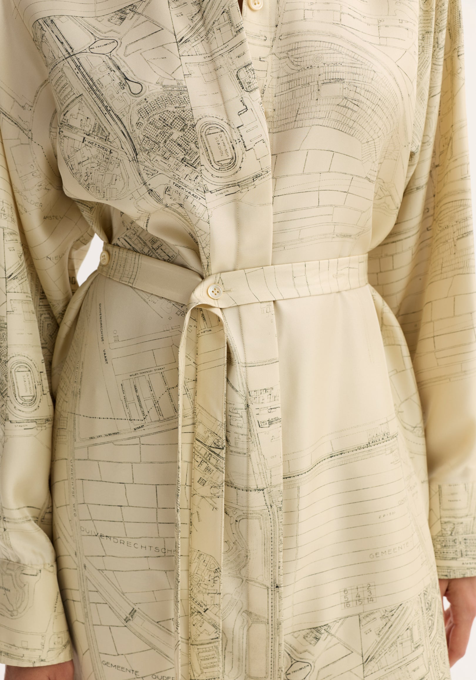 Silk open back wrap dress | Amsterdam showcases a vintage map motif with a belted waist, button front, and wrap tie for adjustable fit.