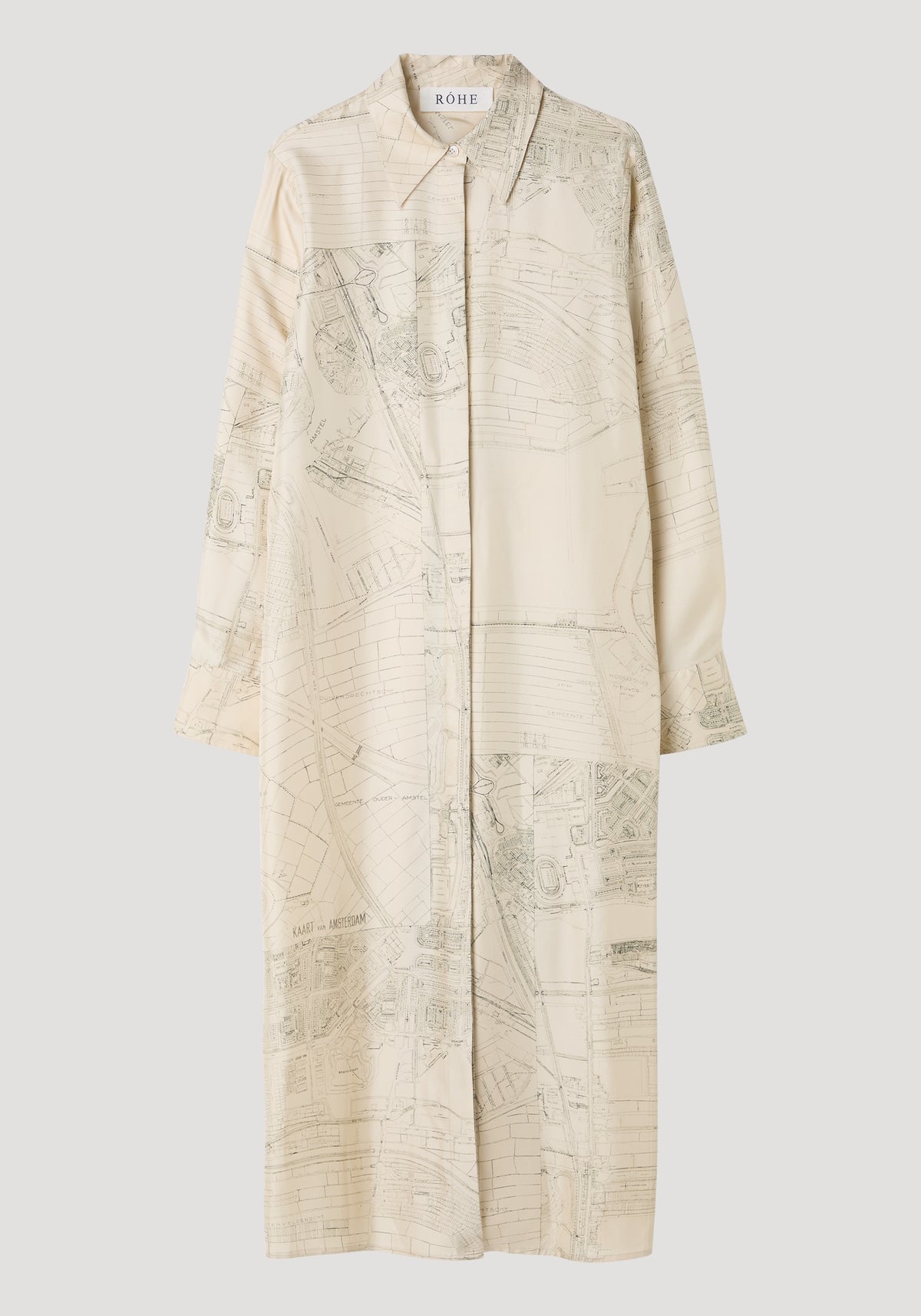 Silk open back wrap dress | Amsterdam features a vintage map print, button-down front, pointed collar, long sleeves, ankle-length, and wrap tie detail for adjustable fit.