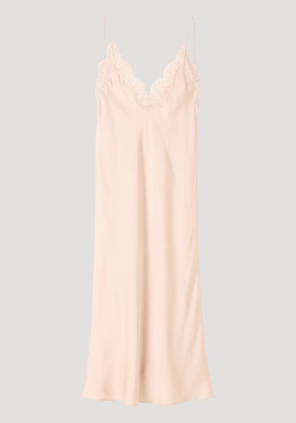 Lace slip dress | rose: A mid-calf, silk satin slip dress with delicate lace-trimmed V-neckline, adjustable spaghetti straps, and lace detailing on the back.