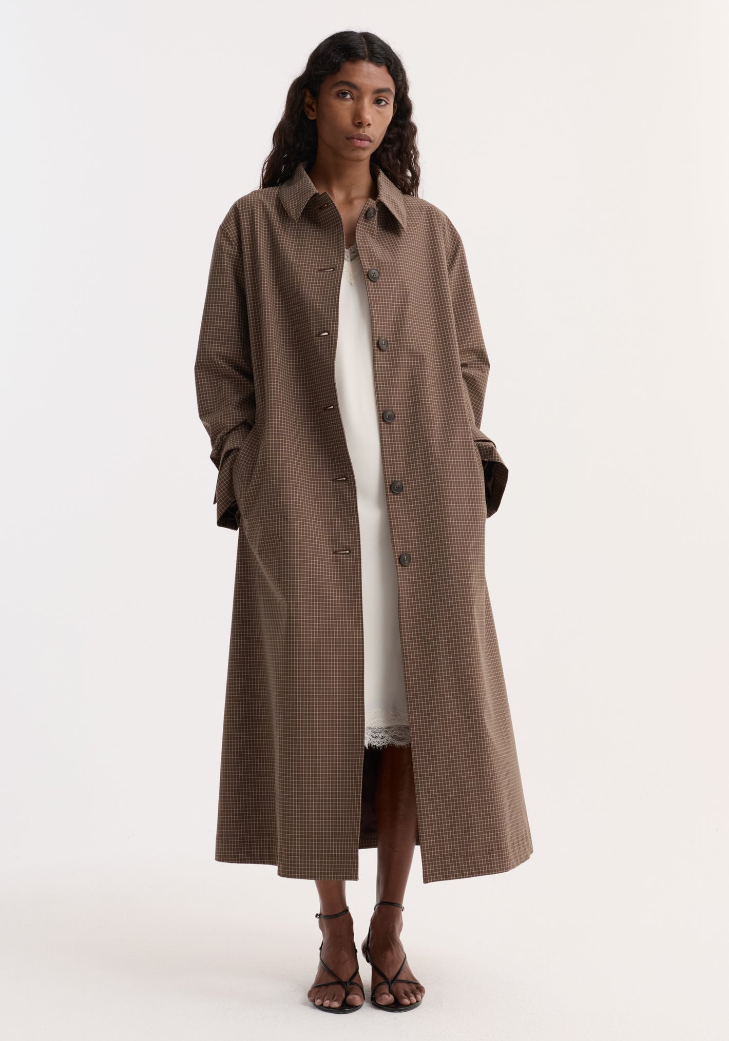 Technical check belted coat | brown multi check