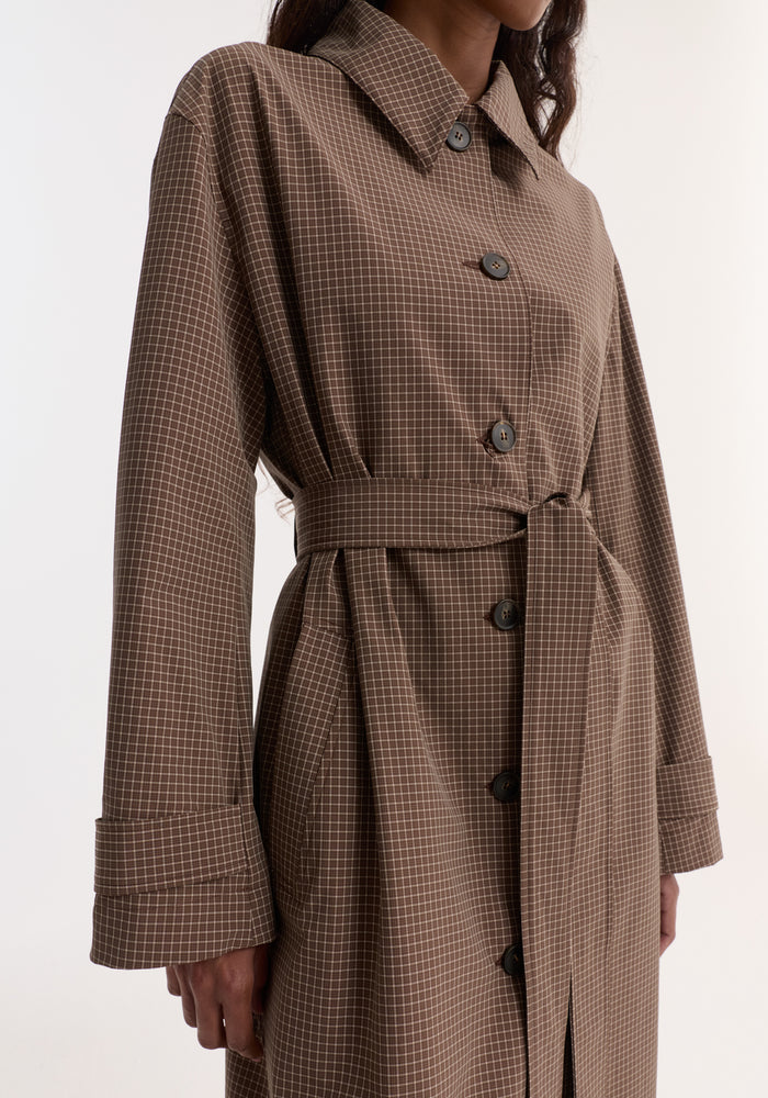 Technical check belted coat | brown multi check