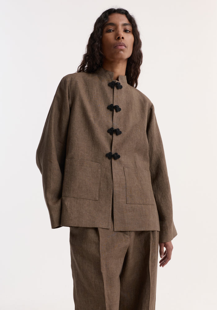 Pankou closure linen jacket | brown melange