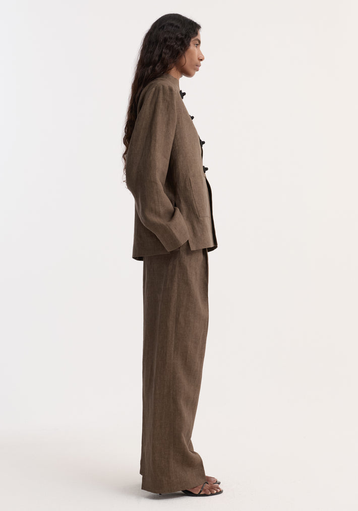 Pankou closure linen jacket | brown melange