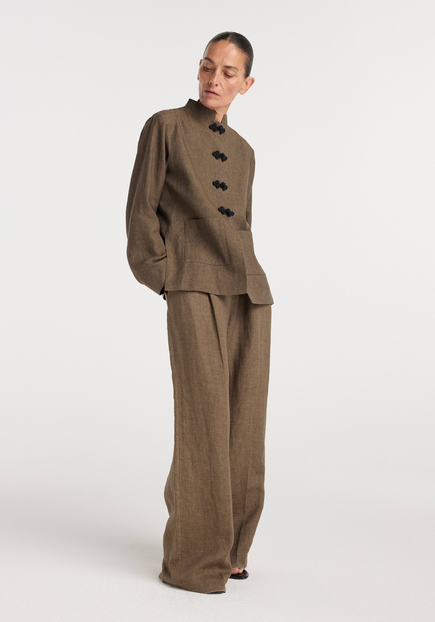 Pankou closure linen jacket | brown melange