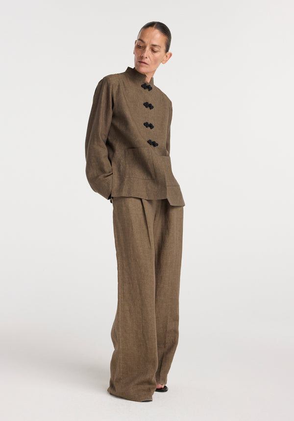 Pankou closure linen jacket | brown melange