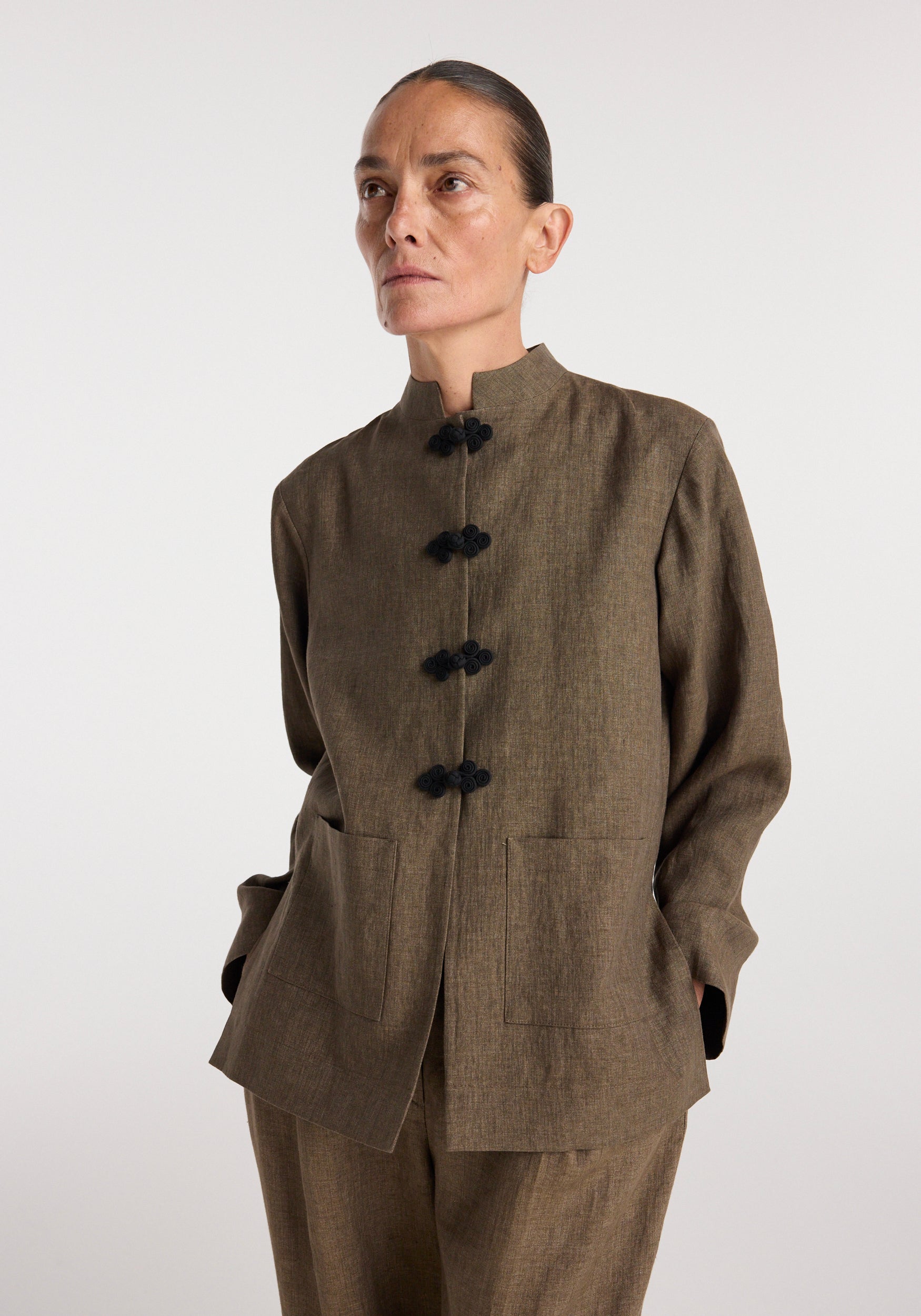 Pankou closure linen jacket | brown melange