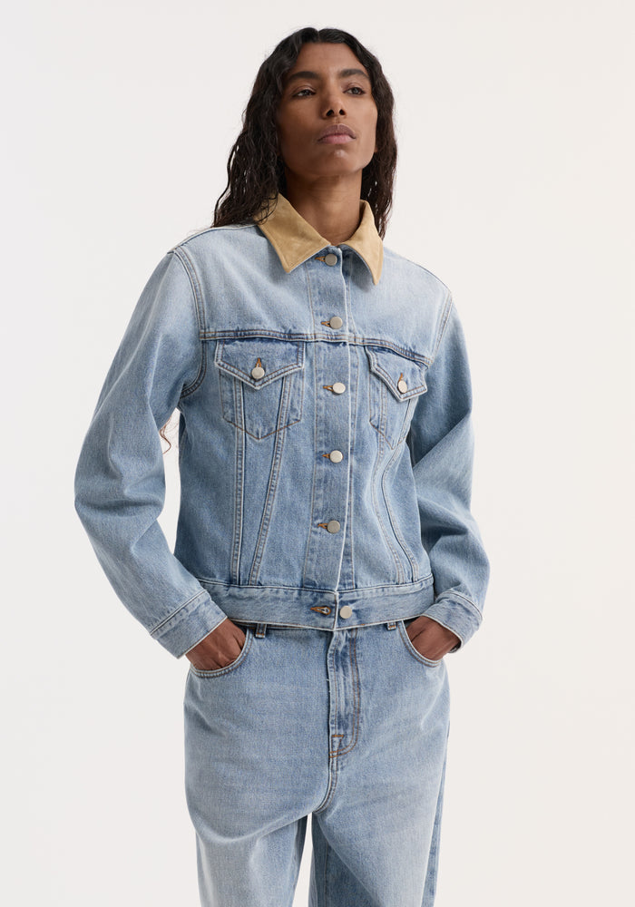 Suede collar fitted denim jacket | classic blue