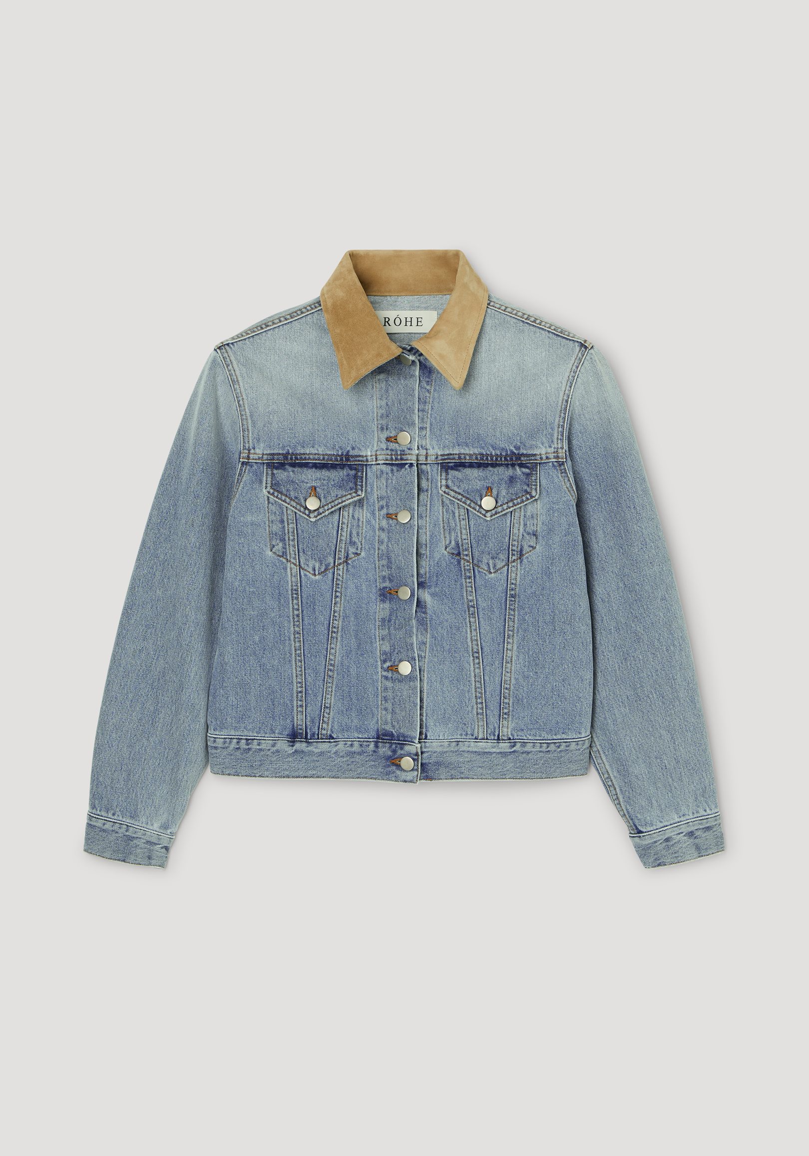 Suede collar fitted denim jacket | classic blue: Light-wash denim trucker jacket with metal snap buttons, two chest flap pockets, and a contrasting tan collar. 100% cotton.