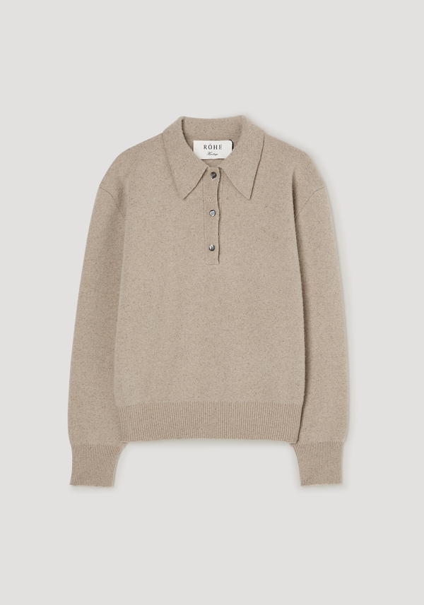 Wool cashmere polo | stone melange: A soft, oatmeal-beige knit pullover with a pointed collar, three-button placket, and ribbed details, featuring a relaxed, timeless design.