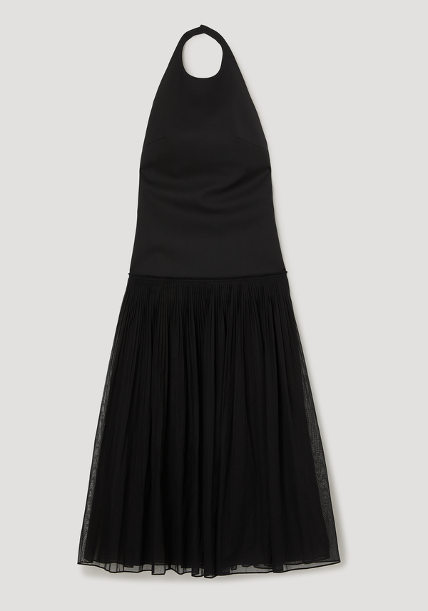 Pleated muslin halter dress | black: Long, black dress with a fitted wool-fused bodice, tiered pleated skirt, halter neck, and low-back design for fluidity.