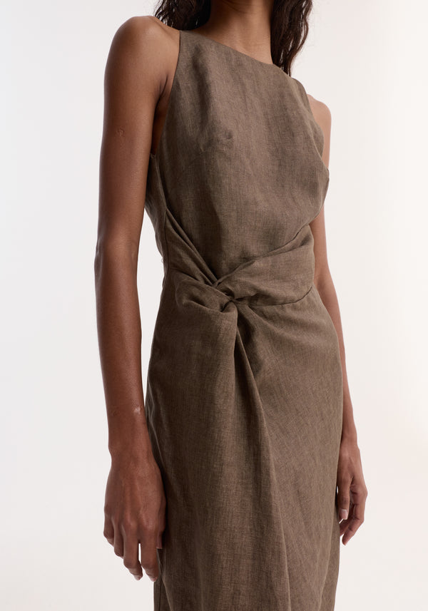 Sarong dress | brown melange featuring a sleeveless, calf-length design with a high neckline and a sarong-inspired knot at the waist, crafted from 100% linen.