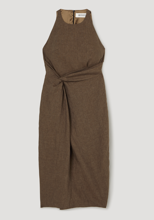 Sarong dress | brown melange: A sleeveless, high-neck jumpsuit with a back zipper, self-fabric waist tie, and wide-leg pants. 100% linen fabric.