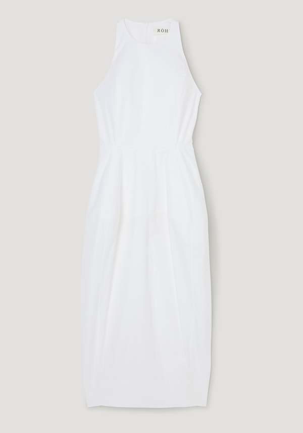 Sculptural poplin dress in optic white, featuring a high neckline, fitted waist, architectural skirt, and back split, crafted from 100% cotton.