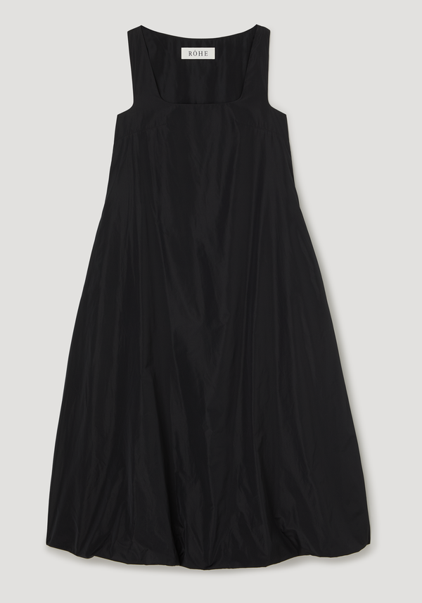 Technical volume dress | black: A sleeveless black dress with a square neckline, wide straps, and a balloon hemline, featuring a RÓHE label inside.