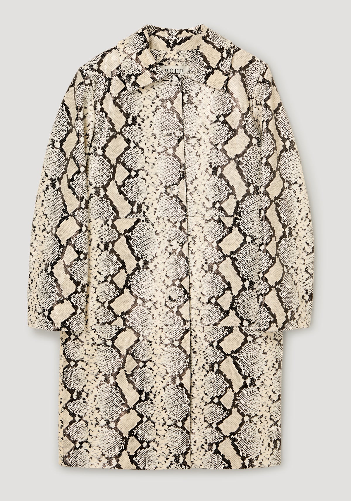 Snakeskin leather coat | snakeskin with beige and black scales, long sleeves, stand collar, and button front displayed flat against a light background