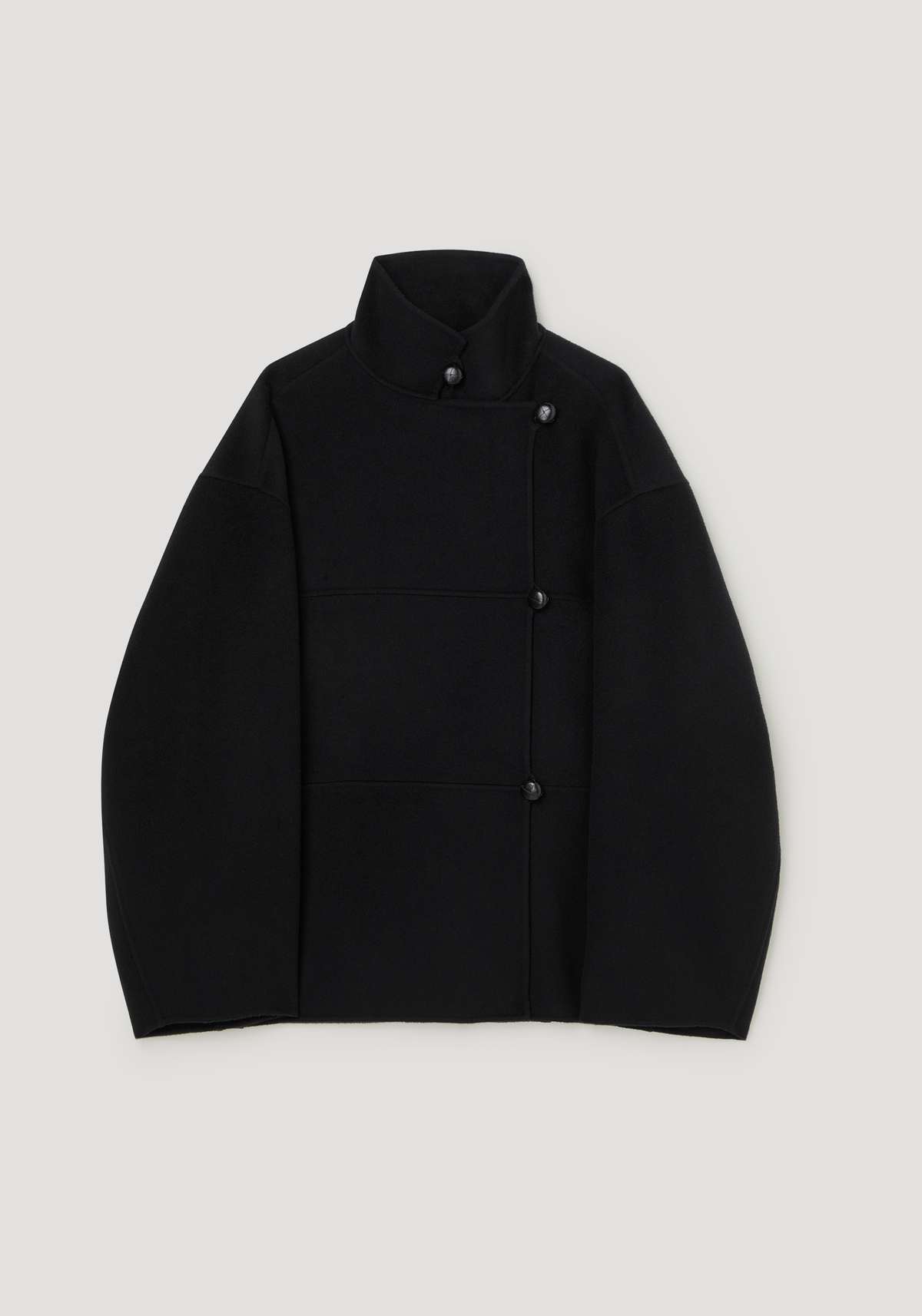 Double-faced wool jacket | black, shown flat with a high stand collar, long sleeves, concealed front placket, and button closures.