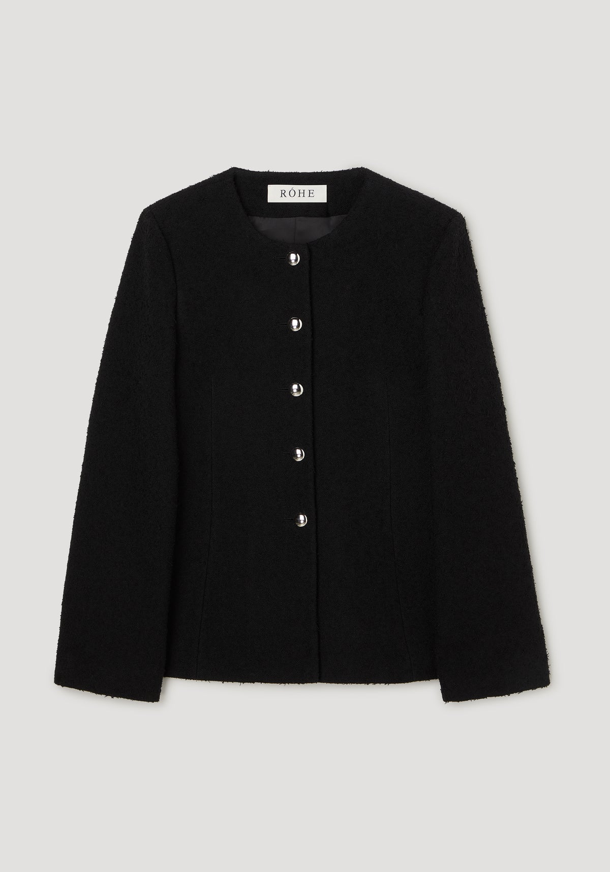 Bouclé shaped blazer | black, black bouclé blazer with a round neckline, long sleeves, and front button closure displayed against a light gray background