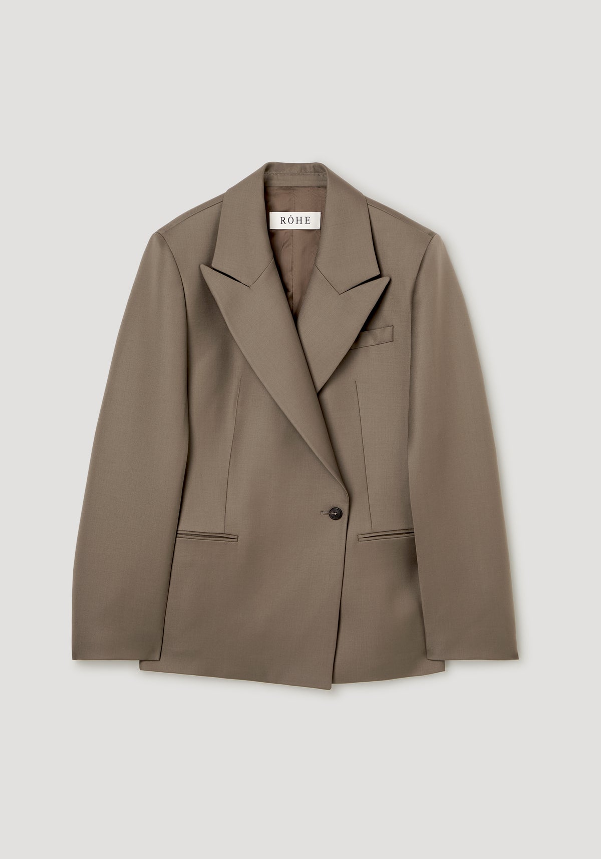 Hourglass shaped blazer | desert brown, tailored blazer with notched lapels, single button closure, long sleeves, and welt pockets on a plain background