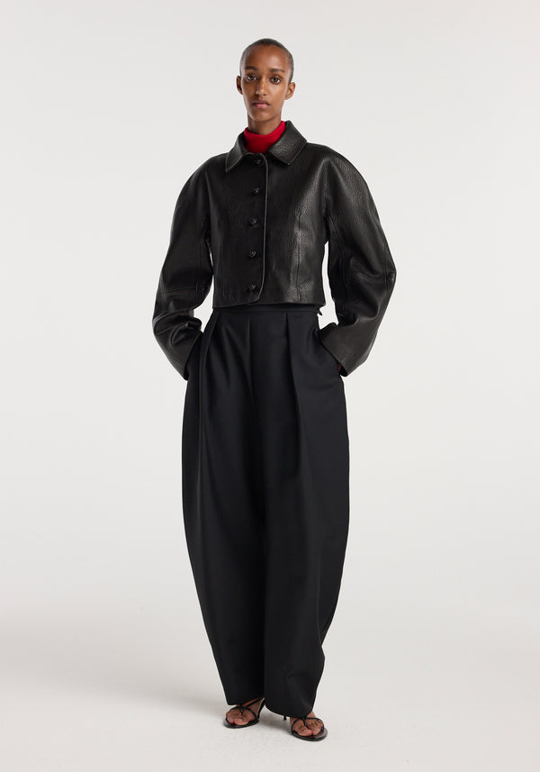 Rounded grain leather cropped jacket | black