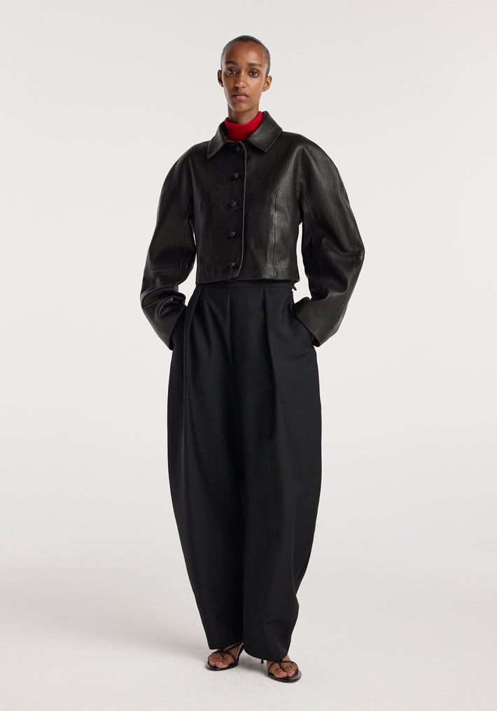 Rounded grain leather cropped jacket | black