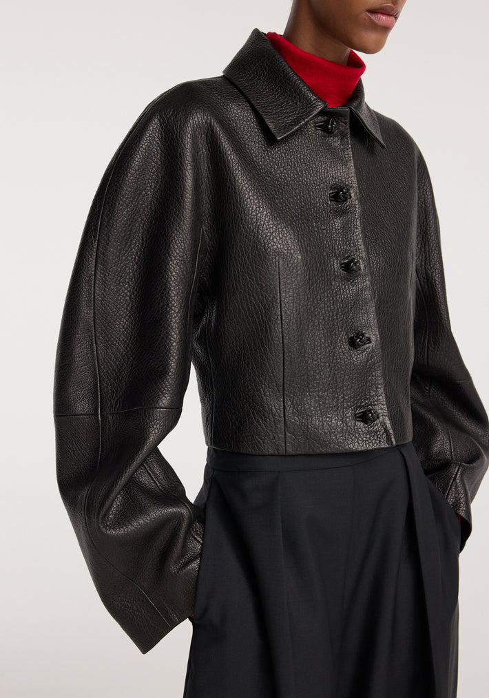 Rounded grain leather cropped jacket | black