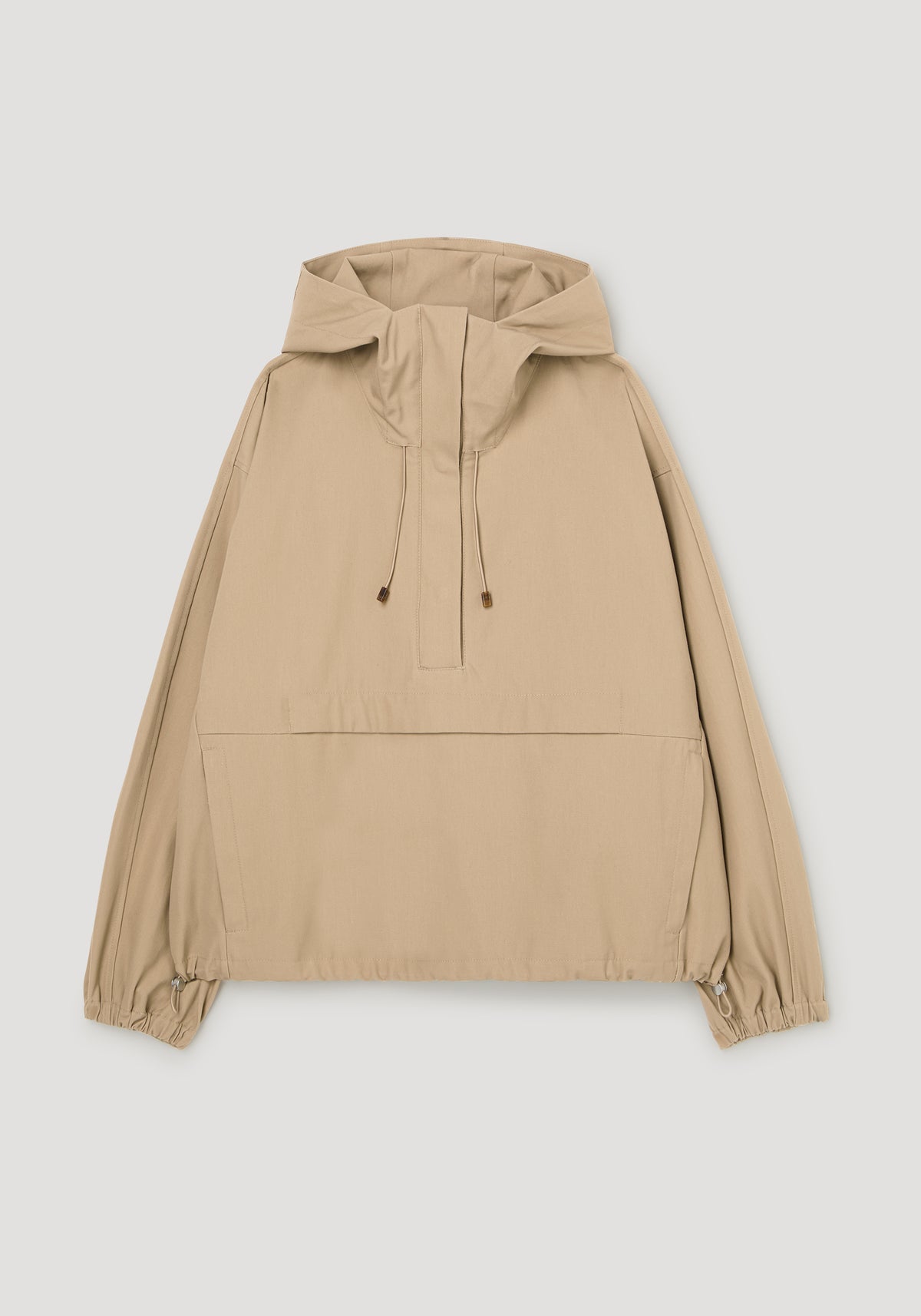 Hooded anorak | beige with adjustable drawstring hood, front half zip, kangaroo pocket, and elasticated cuffs shown against a plain background