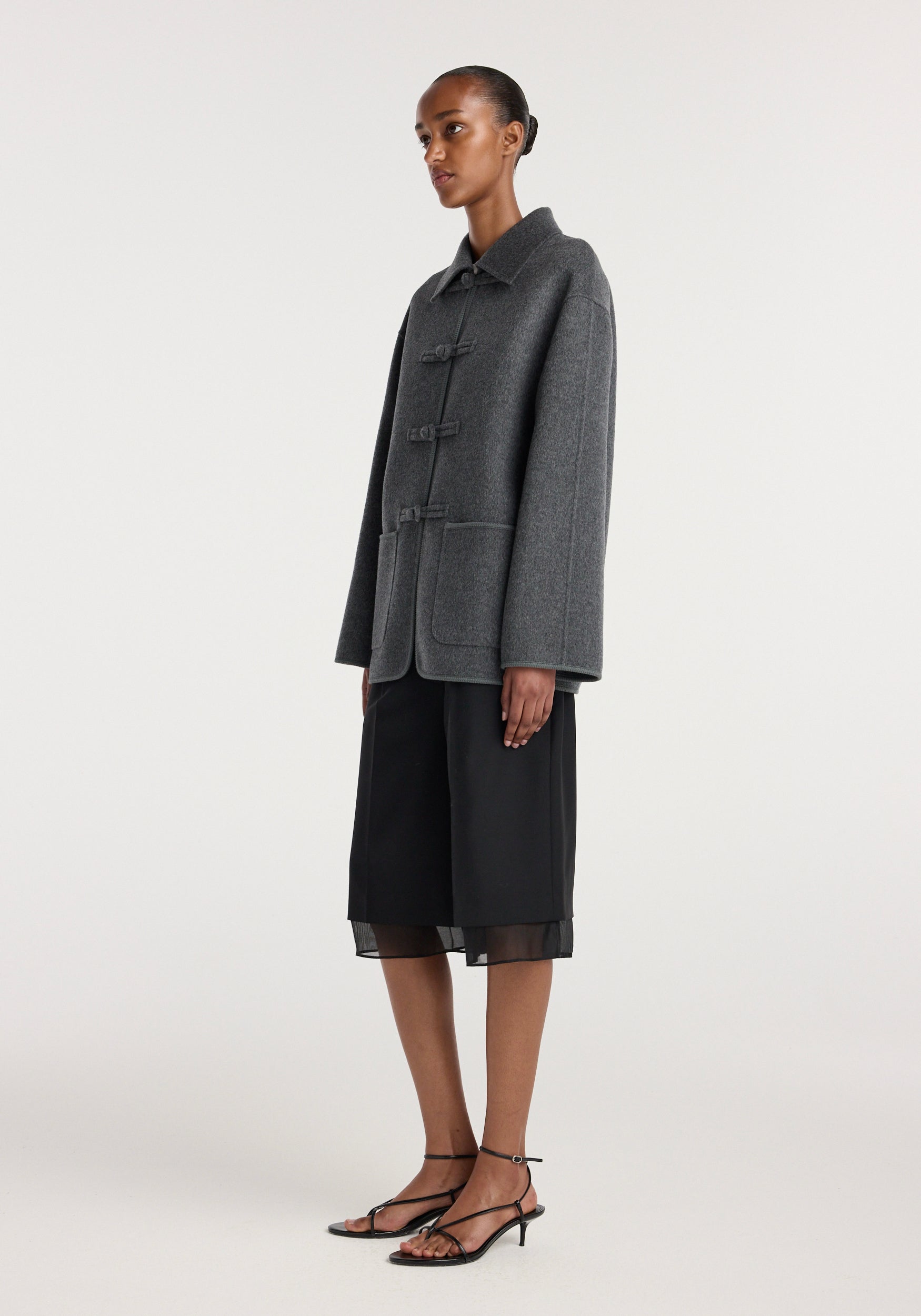 Double-faced wool pankou closure jacket | dark grey melange