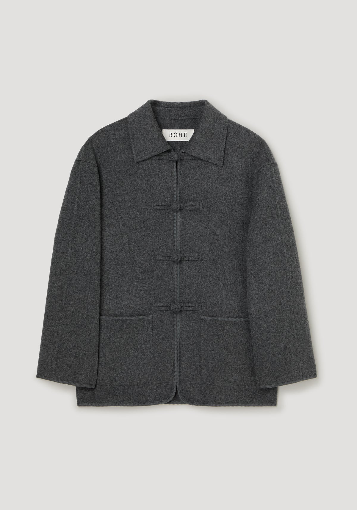 Double-faced wool pankou closure jacket | dark grey melange, shown front-facing with pointed collar, three traditional closures, long sleeves and patch pockets