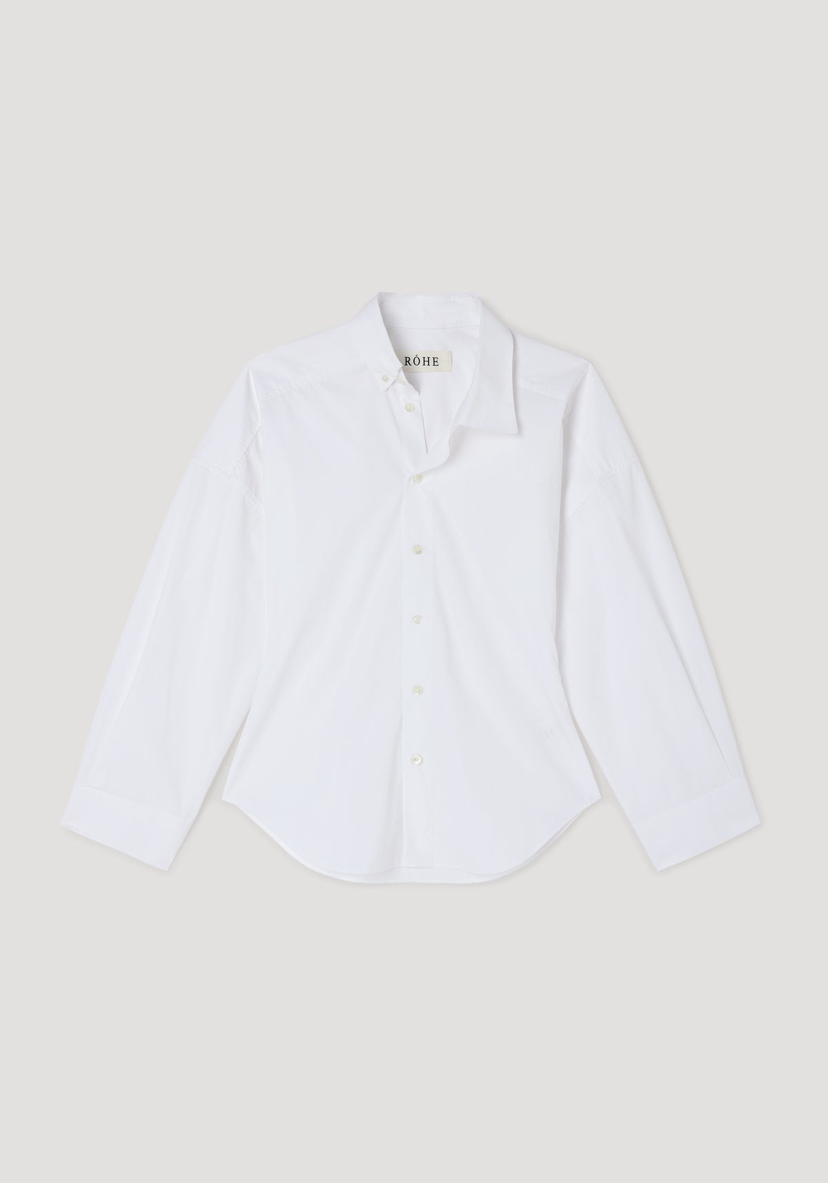 White long-sleeve shirt with an uneven collar design and button-down front, displayed flat on a light background, Poplin uneven collar shirt | optic white.