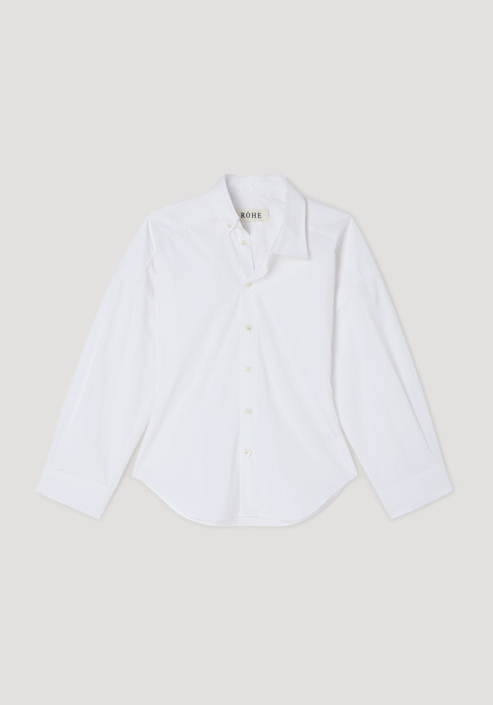 White long-sleeve shirt with an uneven collar design and button-down front, displayed flat on a light background, Poplin uneven collar shirt | optic white.