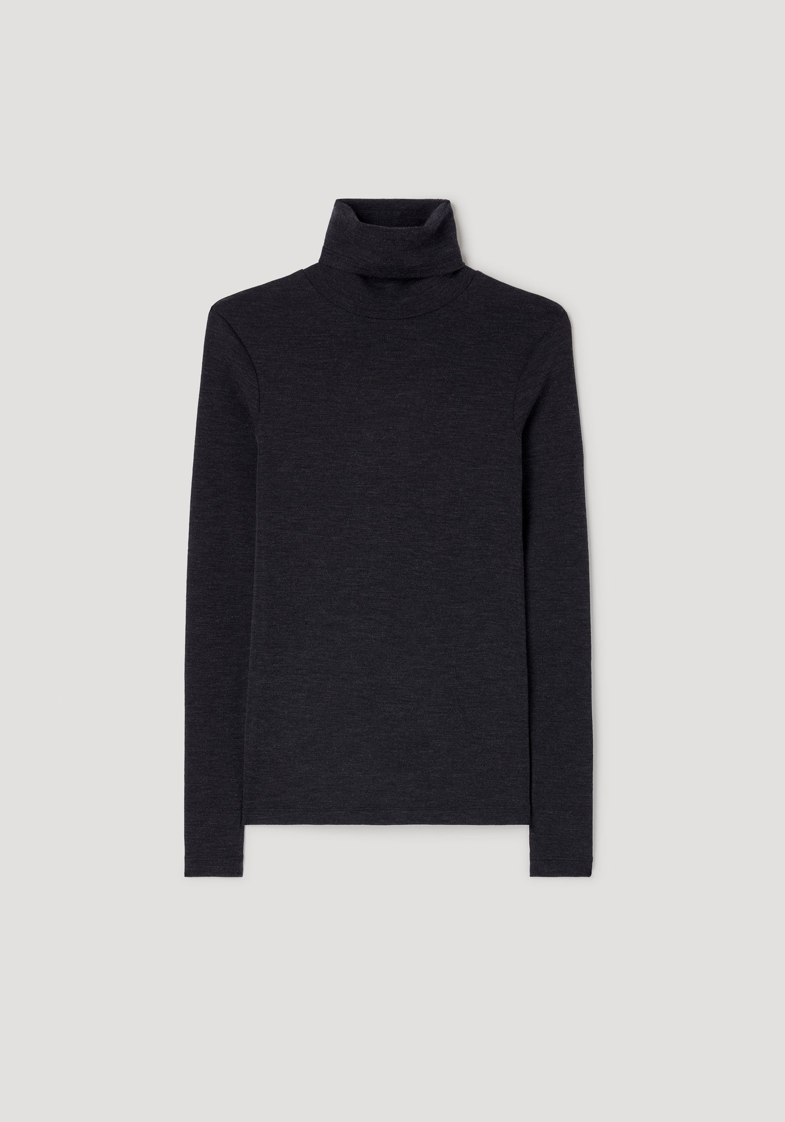 Fine merino turtleneck | anthracite melange in a dark grey shade, featuring a soft, lightweight knit with a classic high collar and long sleeves for a sleek, minimalist look.